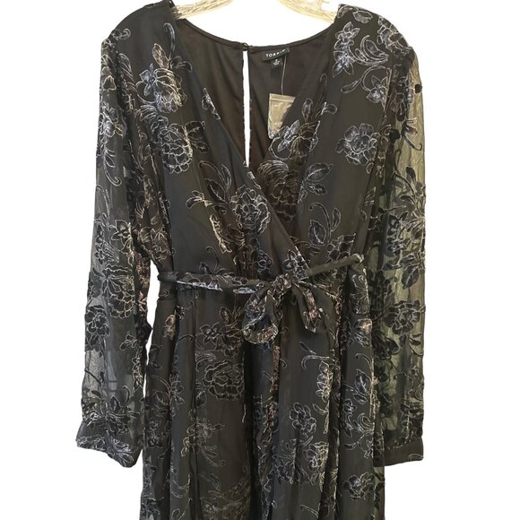 Torrid Size 2X Black Floral Embroidered Long Sleeve Wrap Dress With Tie Belt - Picture 3 of 14